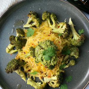 Pesto Spaghetti Squash with Oven-Roasted Broccoli